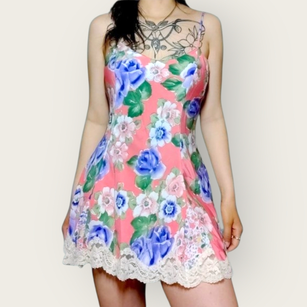 Vintage 80s Gold Label Victoria's Secret Pink Watercolor Floral Lace Slip Dress
